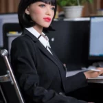 Margot Sex Doll 165cm Bonnet F 6ye Premium en tailleur noir assise à un bureau moderne.