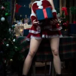 Adora Sex Doll 165 cm IronTech Doll en tenue festive rouge tenant un cadeau, décor de Noël.