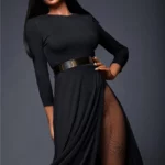 Alicie Sex Doll 168 cm IronTech, robe noire élégante, pose debout, cheveux longs noirs.