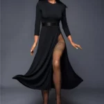 Alicie Sex Doll 168 cm IronTech Doll en robe noire avec fente, pose élégante, fond gris.