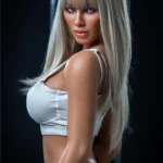 Alizée Sex Doll 164 cm IronTech, pose de profil, cheveux blonds, top blanc ajusté.