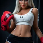 Alizée Sex Doll 164 cm IronTech en tenue de sport, gants de boxe rouges, pose dynamique.
