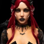 Auréva Sex Doll 169 cm IronTech, cheveux rouges, couronne gothique, robe noire élégante.