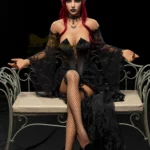 Auréva Sex Doll 169 cm IronTech Doll en tenue gothique, assise sur un banc élégant.