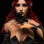 Auréva Sex Doll 169 cm IronTech, pose gothique, cheveux rouges, corbeau sur la main.