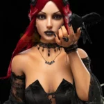 Auréva Sex Doll 169 cm IronTech, cheveux rouges, couronne gothique, robe noire élégante.