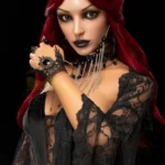 Auréva Sex Doll 169 cm IronTech Doll en tenue gothique noire, cheveux rouges, couronne élégante.
