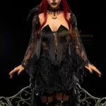 Auréva Sex Doll 169 cm IronTech en robe gothique noire, pose debout, cheveux rouges.