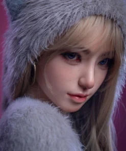 Avalyn Sex Doll 164 cm en chapeau pelucheux, regard doux et cheveux blonds, IronTech Doll.