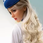 Dollina Sex Doll 169 cm IronTech en uniforme bleu, vue de profil, cheveux longs blonds.