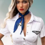 Dollina Sex Doll 169 cm IronTech en uniforme d'hôtesse, cheveux blonds, écharpe bleue.