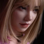 Ellya Sex Doll 169 cm IronTech Doll, gros plan visage réaliste, cheveux blonds.