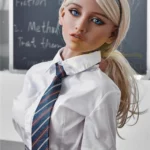 Emmarose Sex Doll 150 cm IronTech Doll TPE en uniforme scolaire, pose debout devant tableau.