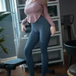 Evelynia Sex Doll 165 cm IronTech en tenue décontractée, debout près d'un équipement de gym.