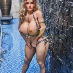 Lanalia Sex Doll 140 cm en bikini léopard, posant debout près d'un mur en pierre.
