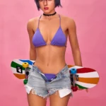 Lilun Sex Doll 168 cm IronTech Doll en bikini violet, short en jean, tenant un skateboard coloré.