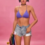 Lilun Sex Doll 168 cm IronTech Doll en bikini violet, short en jean, tenant un skateboard.