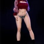 Lollibelle Sex Doll 165 cm IronTech Doll en pose debout, tenue rouge et noire, cheveux longs.