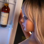 Loluna Sex Doll 164 cm regardant dans un réfrigérateur, cheveux blonds, éclairage intime.