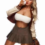 Lulila Sex Doll 165 cm IronTech en tenue sportive, tenant une balle de baseball, cheveux blonds.