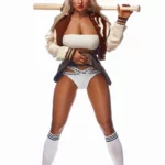 Lulila Sex Doll 165 cm IronTech en tenue sportive, batte sur l'épaule, fond blanc.