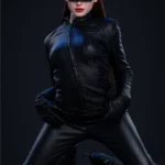 Lunia Sex Doll 168 cm IronTech Doll en tenue noire moulante, masquée, posant à genoux.