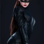 Lunia Sex Doll 168 cm IronTech en tenue noire moulante avec masque, vue de côté.
