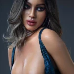 Gros plan du visage et de la poitrine de Lunora, real doll en silicone de 166 cm par IronTech Doll, avec un regard intense et un maillot de bain bleu à motifs écailles.