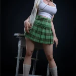 Lyla Sex Doll 165 cm IronTech en tenue d'écolière, pose debout devant un bureau.