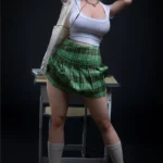 Lyla Sex Doll 165 cm IronTech en tenue scolaire, pose debout, jupe verte et lunettes.