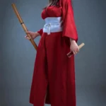 Lyria Sex Doll 164 cm en kimono rouge, debout avec un bâton, coiffure élégante.