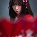 Lyria Sex Doll 164 cm IronTech Doll, regard intense, cheveux noirs, accessoire floral rouge.