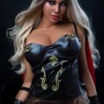 Rosalynn Sex Doll 164 cm IronTech Doll en tenue guerrière noire détaillée, cheveux longs.
