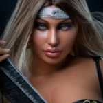 Rosalynn Sex Doll 164 cm IronTech en tenue guerrière avec regard intense et bandeau argenté.
