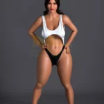 Amika Sex Doll 156 cm IronTech en pose debout, vêtue d'un haut blanc et culotte noire.