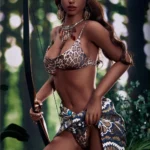 Amorable Sex Doll 175 cm IronTech Doll TPE en tenue léopard avec arc dans la forêt.