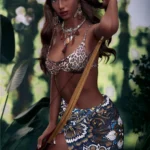 Amorable Sex Doll 175 cm IronTech en pose guerrière, tenue léopard et arc, fond forêt.