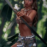 Amorable Sex Doll 175 cm IronTech Doll TPE en pose d'archer, tenue exotique, fond jungle.