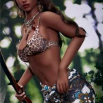 Amorable Sex Doll 175 cm IronTech en pose dynamique, tenue léopard et accessoires ethniques.