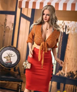 Avalina Sex Doll 158 cm IronTech en jupe rouge, chemisier noué, posée devant un décor élégant.