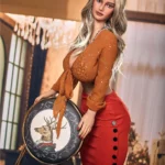 Avalina Sex Doll 158 cm IronTech Doll TPE posée debout, chemisier orange, jupe rouge.
