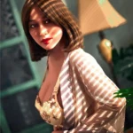 Eliya Sex Doll 163 cm IronTech Doll TPE en robe légère, lumière tamisée, ambiance intime.