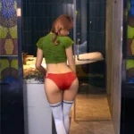 Eloiah Sex Doll 159 cm IronTech en tenue sportive, de dos, dans une salle de bain moderne.