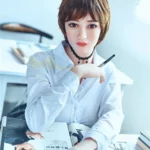 Elsalune Sex Doll 159 cm IronTech en chemise blanche, assise à un bureau avec un magazine.