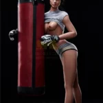 Elviana Sex Doll 168 cm IronTech en tenue de boxe, posant avec un sac de frappe.