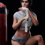 Elviana Sex Doll 168 cm IronTech en tenue sportive, pose assise, bandage aux mains.