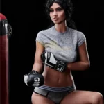 Elviana Sex Doll 168 cm IronTech en tenue de boxe, posée sur un tabouret, ambiance sportive.