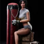 Elviana Sex Doll 168 cm TPE posée assise en tenue sportive avec gants de boxe.