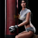 Elviana Sex Doll 168 cm IronTech en tenue sportive, posant avec un sac de boxe.