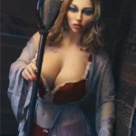 Evabella Sex Doll 158 cm IronTech Doll TPE en lingerie rouge, posant près d'une lampe.